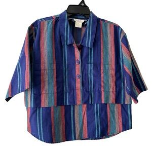 Vintage Abby Rose for Strategy Linen Striped Cropped Boxy Tiered Blouse Shirt